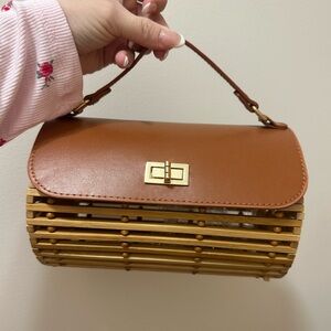 Cult Gaia Inspired Bamboo Ark Bag w/ Brown Leather Top Handle & Gold Hardware